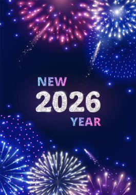 Dikey yeni yıl 2026 'da, üzerinde mor, mavi ve gümüş rengi gece gökyüzünde ışıl ışıl parlayan havai fişekler olan bir afiş. 2026 numaralı mutlu yıllar mesajı ile ışıltılı bir numara. Mükemmel bir şenlik geçmişi var. Vektör.