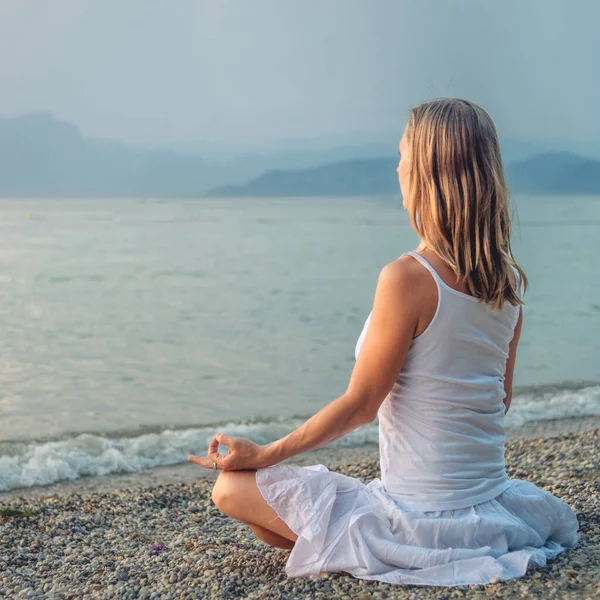 Woman Meditating Garda Lake Yoga Practice Sunset Italy — стоковое фото