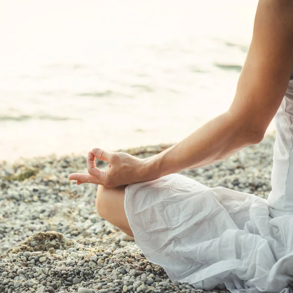 Woman Meditating Garda Lake Yoga Practice Sunset Italy — Fotografia de Stock