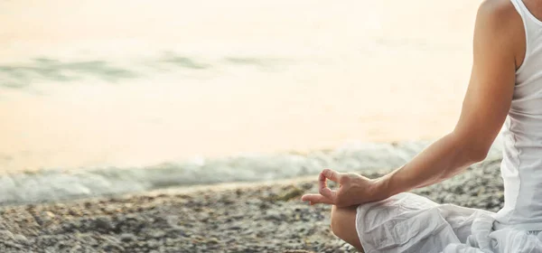 Woman Meditating Garda Lake Yoga Practice Sunset Italy — стокове фото