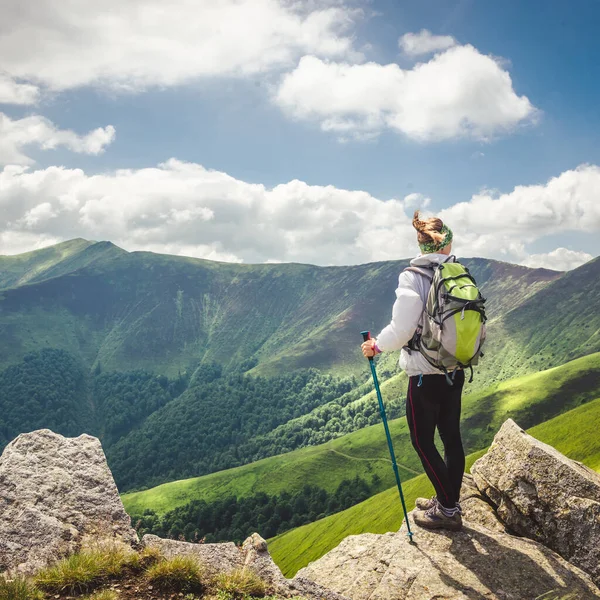 Young Woman Backpack Hiking Mountains Stock Photo