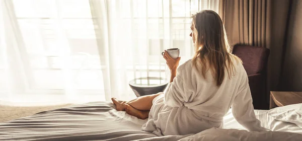 Young Woman Bathrobe Have Breakfast Bed Cozy Hotel Room — Photo