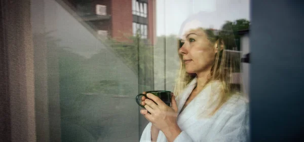 Woman Elegant Robe Drinking Coffee Hotel Room Standing Window Face — Photo