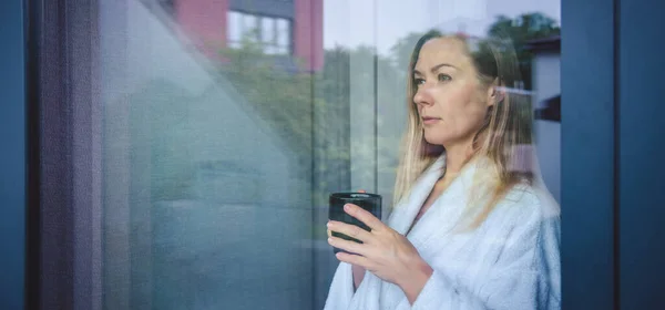 Woman Elegant Robe Drinking Coffee Hotel Room Standing Window Face — Zdjęcie stockowe
