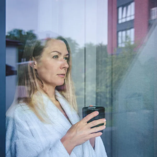 Woman Elegant Robe Drinking Coffee Hotel Room Standing Window Face — Stock Photo, Image