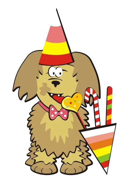 Uśmiechnięty Pies Ona Party Cone Słodyczami Zabawny Wektor Ilustracji — Wektor stockowy