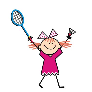 Kız ve badminton, beyaz arkaplanda komik vektör çizimi