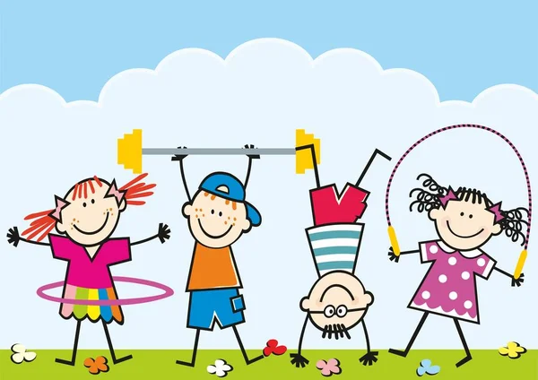 草地上的四个孩子 小女孩和男孩 带着呼啦圈 手倒立 蓝色背景上有趣的矢量插图 — 图库矢量图片