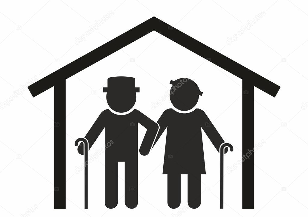 Home for the elderly, retirement home, seniors at house, vector icon, black silhouette