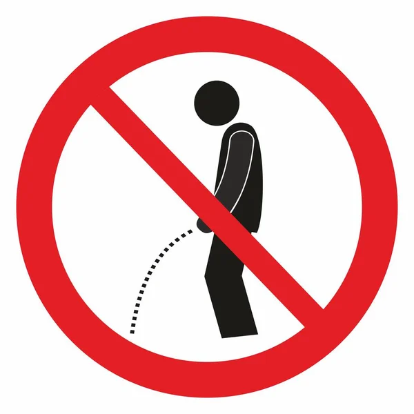 禁止排尿 红色圆框 警告标志 矢量图标 一个男人在公共广场上撒尿 — 图库矢量图片