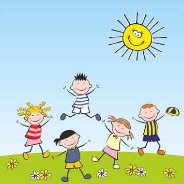Mutlu çocuklar, çayırda zıplayan çocuklar, zıplayan kızlar ve oğlanlar, şablon, afiş, çizgi film, komik komik vektör çizimi