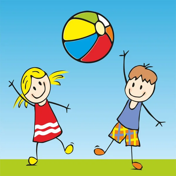 Två Barn Flicka Och Pojke Med Strandboll Lekplats Blå Bakgrund — Stock vektor