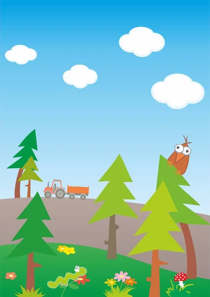 Шаблон Баннер Лес Животными Поле Трактор Прицепом Природа Пейзаж Деревьями — стоковый вектор