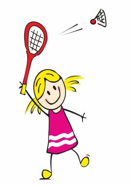 Kız ve badminton, beyaz arkaplanda komik vektör çizimi
