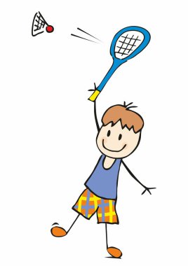 Badminton sporu, raket, karalama ve vektör illüstrasyonuyla egzersiz yapan çocuk.