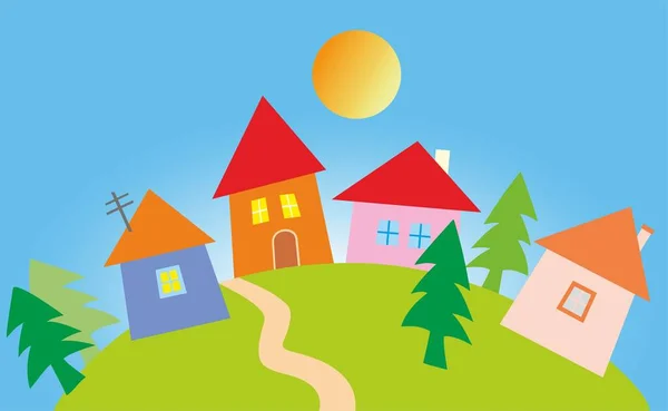 Деревня Пейзаж Цветная Векторная Иллюстрация Группа Домов Деревьями Дорожкой Солнце — стоковый вектор