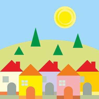 Köy, ev, tepe ve ağaçlı manzara, vektör illüstrasyonu