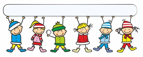 Gruppo Sei Bambini Con Banner Bianco Illustrazione Vettoriale Concettuale Bambini — Vettoriale Stock