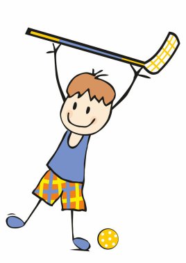 Floorball, boy with stick and ball, character, scribble, cartoon, funny vector illustration clipart