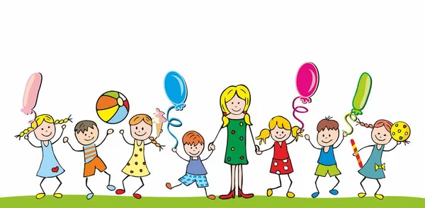 Balonları Topları Olan Öğretmen Kadın Çocuklar Anaokulu Parti Kartı Vektör — Stok Vektör