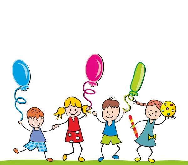 Čtyři Šťastné Děti Balónky Ples Děti Chlapečci Děvčata Společenská Karta — Stockový vektor