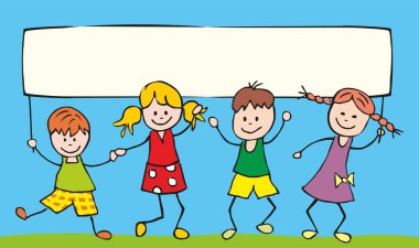 Dört çocuk ellerinde boş pankart, kızlar ve erkekler, mavi arkaplanda renkli resim, vektör kavramsal illüstrasyon