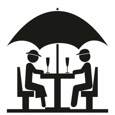 Bir restoranda şemsiyenin altında oturan iki kişi, şarap kadehi, siyah siluet, vektör web sembolü