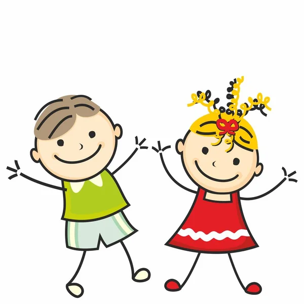 Två Studsande Hoppande Dansande Barn Barn Flicka Och Pojke Rolig Royaltyfria illustrationer