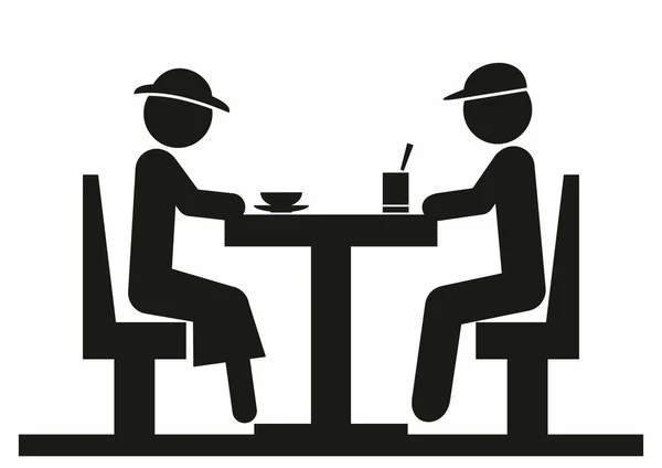 Два Человека Сидят Ресторане Пьющие Женщина Мужчина Черный Силуэт Белом — стоковый вектор