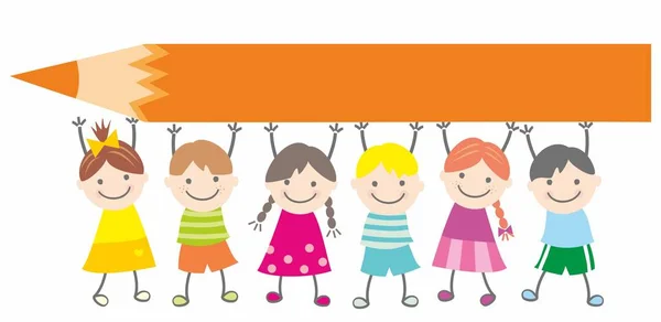 Grupp Med Sex Skolbarn Hålla Krita Banner För Din Text Stockvektor