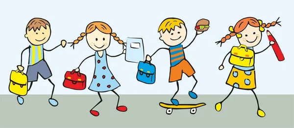 Επιστροφή Στο Σχολείο Αγόρι Και Κορίτσι Τσάντα Skateboard Βιβλίο Εργασίας — Διανυσματικό Αρχείο