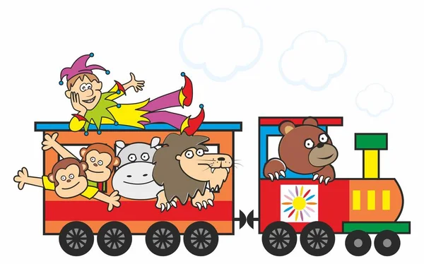 Locomotive One Wagon Animals Funny Vector Illustration — Stock Vector