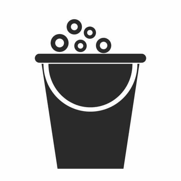 bucket with soaps for cleaning, cleaning room, black silhouette, web vector icon, symbol