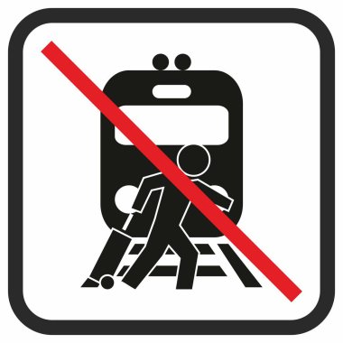 Piste yürümek yok, tren, tren, lokomotif ve çantalı insan geçişi yasak, tren raylarına girilmesi yasak, vektör işareti