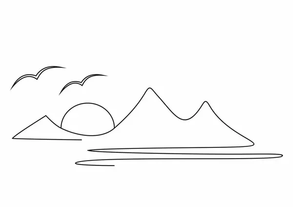 Landschaft Strichzeichnung Berg See Sonne Und Vögel Vektorillustration Linienkunst Stockvektor