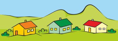 Üç kır evi ve vektör illüstrasyonlu manzara