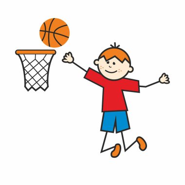 Basketbol, bir çocuk topu sepete atıyor, beyaz arka planda renkli komik bir vektör çizimi.