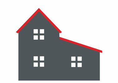 Beyaz pencereli ve kırmızı çatılı siyah bir ev. Beyaz arkaplandaki izole nesne.