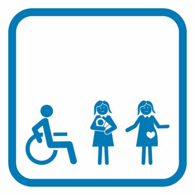 Wheelchair access, Set three symbols, wheelchair user, mother with baby, pregnance, lift, conceptual icon, lift, template, vector clipart