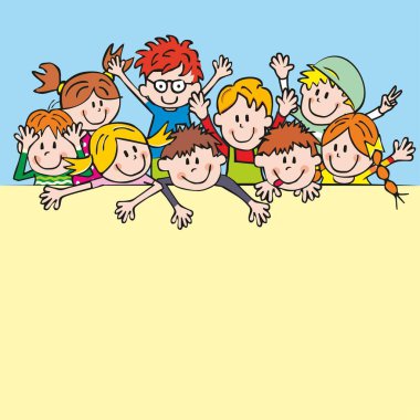 Geniş bir grup çocuk, kavramsal kart, komik vektör çizimi