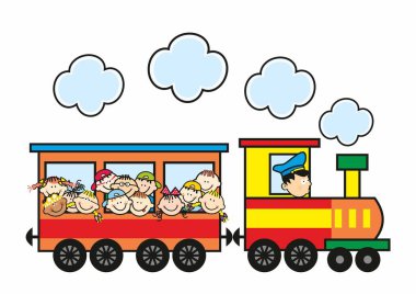 Çocuklar trene biniyor, vagon, demiryolu, vektör çizimi, komik tasarım,.