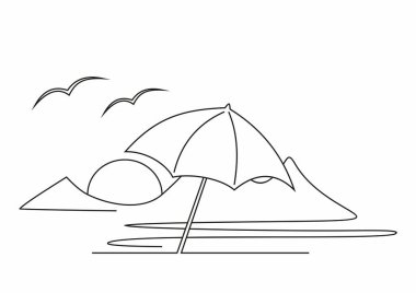 Manzara, bir vuruş çizimi, dağ, göl, güneş ve kuşlar, vektör çizimi, çizgi sanatı