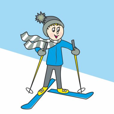 Çocuk ve kayak, kayakçı, dağdaki çocuk, kayakçı, çocuk, kış sporu, mavi arka planda renk vektörü çizimi