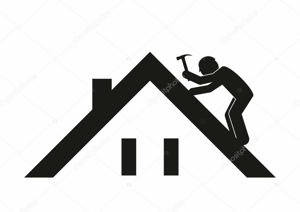 Roofer, worker on the roof with a hammer in his hand, black symbol, icon, vector