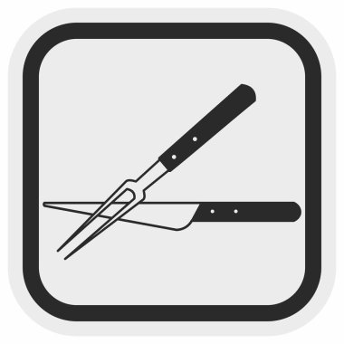 çatal ve bıçak, biftek çatalı, gri ve siyah çerçeve, vektör simgesi, sembol