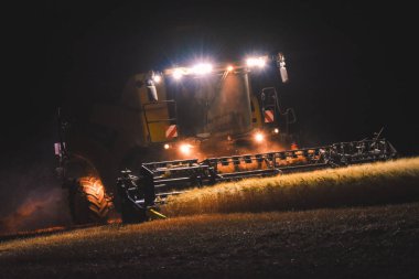Une moissonneuse-batteuse s'affaire dans un champ de bl la nuit tombe. claire par ses puissantes lampes, elle avance lentement en digrant les pis dors qui se dressent devant elle. 