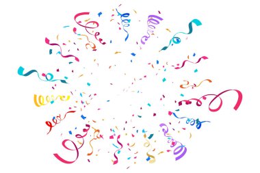 Renkli konfeti ve yılan şeklinde kurdeleler. Düz modern basit tarzdaki şenlikli illüstrasyon.