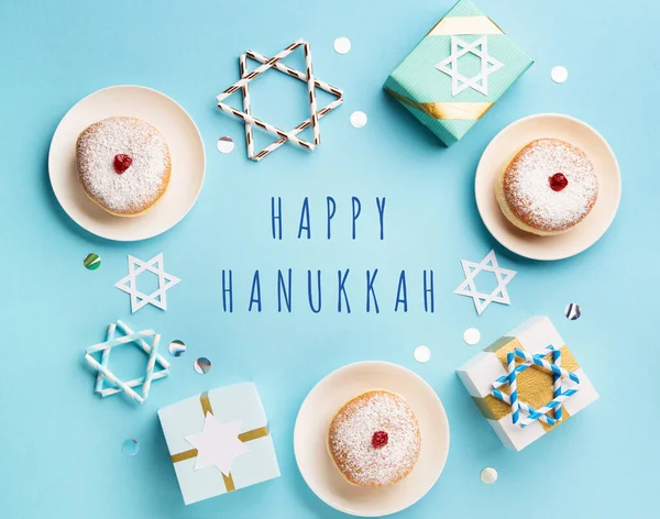 Hanukkah Sweet Doughnut Sufganiyot Powdered Sugar Fruit Jam Gift Boxes — Stock Photo, Image