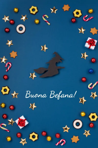 Italian Epiphany Day Dia Reyes Magos Tradition Witch Befana Flying — Stock Photo, Image
