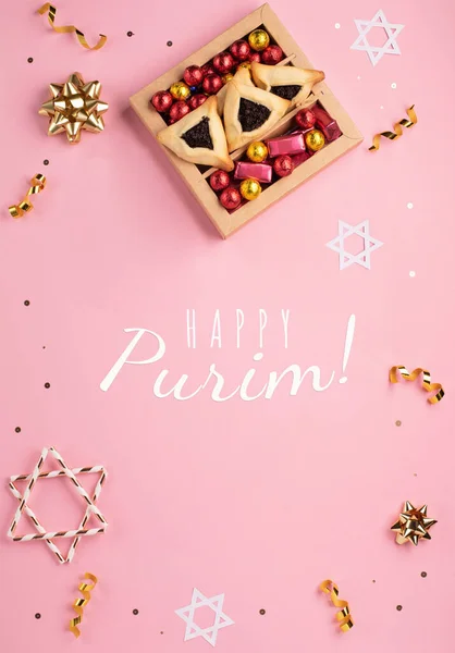 Purim Celebration Jewish Carnival Holiday Card Tasty Homemade Hamantaschen Cookies — Stock Photo, Image